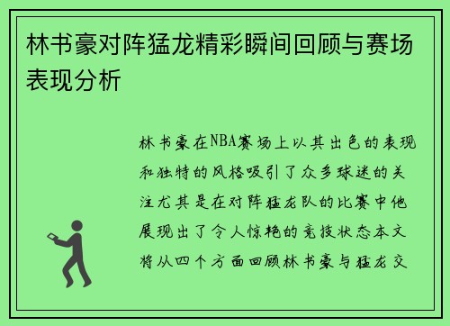 林书豪对阵猛龙精彩瞬间回顾与赛场表现分析